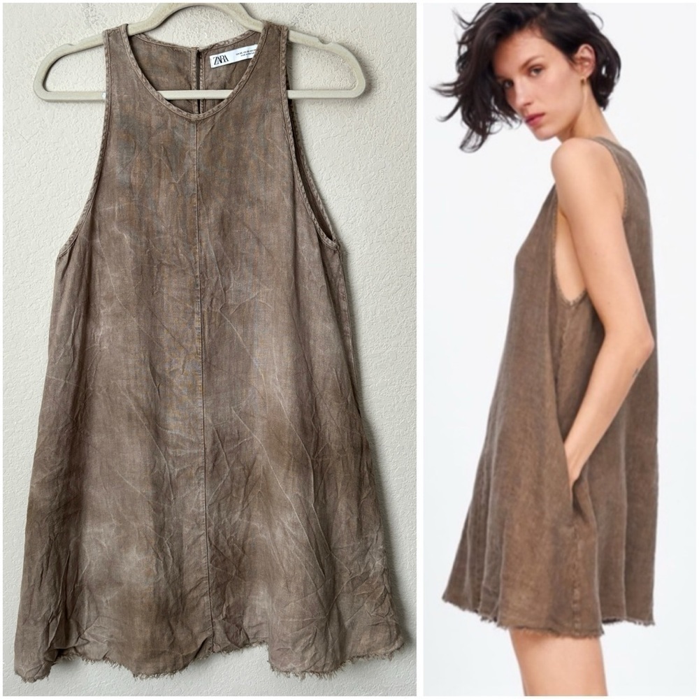 Zara Linen Crinkled Sleeveless Relaxed Mini Dress Boho Neutral Beachy Lagenlook